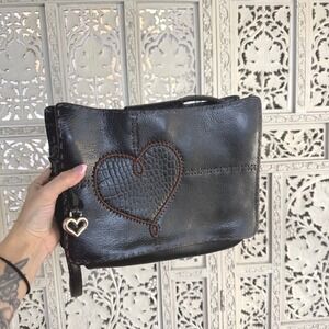 Brighton Black Leather Shoulder Bag Heart Romantic Croc‎ Embossed Patchwork